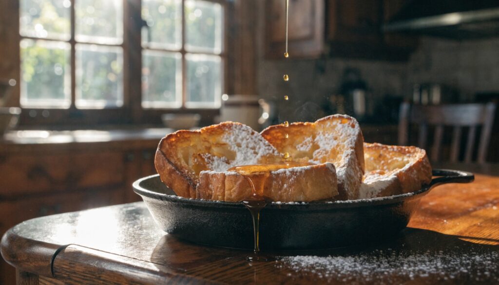 French toast doré à la poêle avec filet de sirop d'érable déjeuner 3 ingrédients