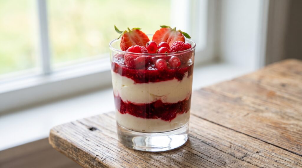 Verrine de fruits rouges et mascarpone avec framboises, fraises et bleuets frais sur fond blanc