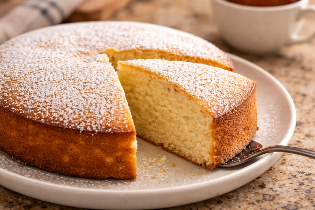 Gâteau au yaourt classique doré sur une grille de refroidissement, recette facile sans balance
