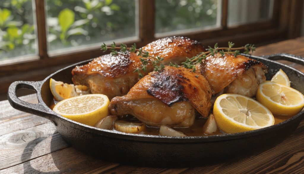 Poulet au citron et à l'ail braisé dans une poêle en fonte avec sauce caramélisée