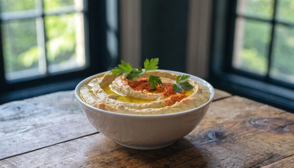 Houmous maison crémeux dans un bol en céramique blanche avec huile d'olive dorée, paprika et persil frais