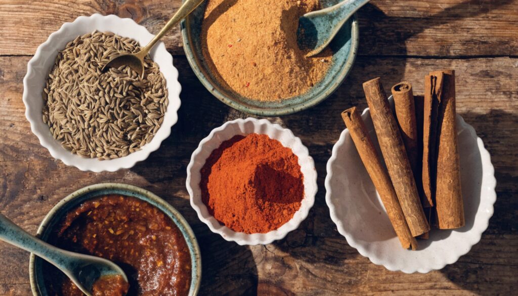 Épices de la cuisine du Maghreb : cumin, ras el-hanout, paprika, cannelle et harissa sur table en bois
