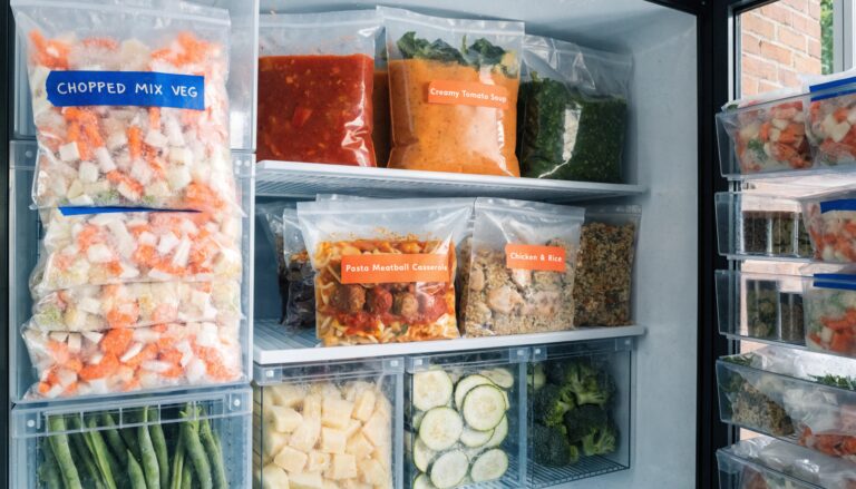 Congélateur bien organisé avec sacs étiquetés de légumes, soupes et repas congelés