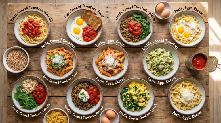 Assortiment de soupers faciles à 3 ingrédients : pâtes, œufs, lentilles et conserves sur table en bois