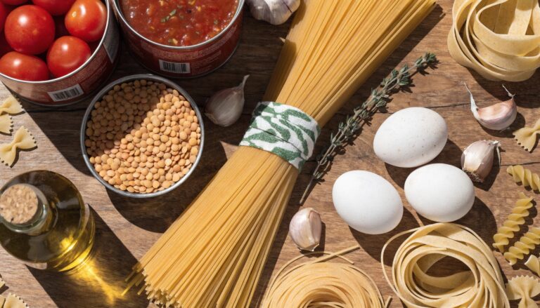 Essentiels du placard pour cuisiner des recettes express : pâtes, conserves, oeufs, lentilles