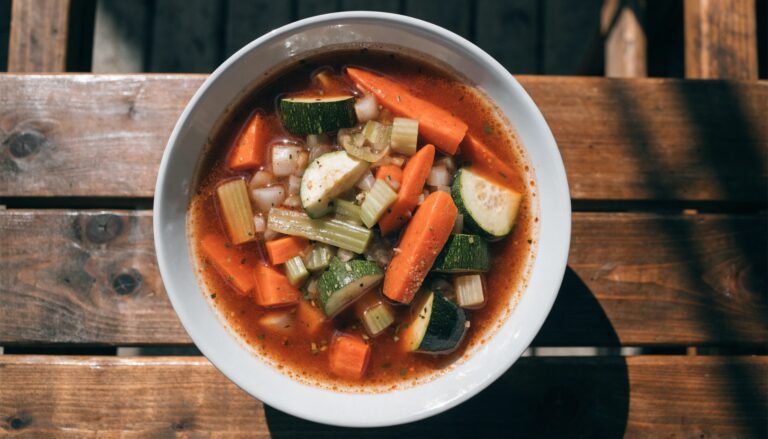 Soupe tout-légumes du frigo dans un bol blanc avec carottes, courgette et céleri
