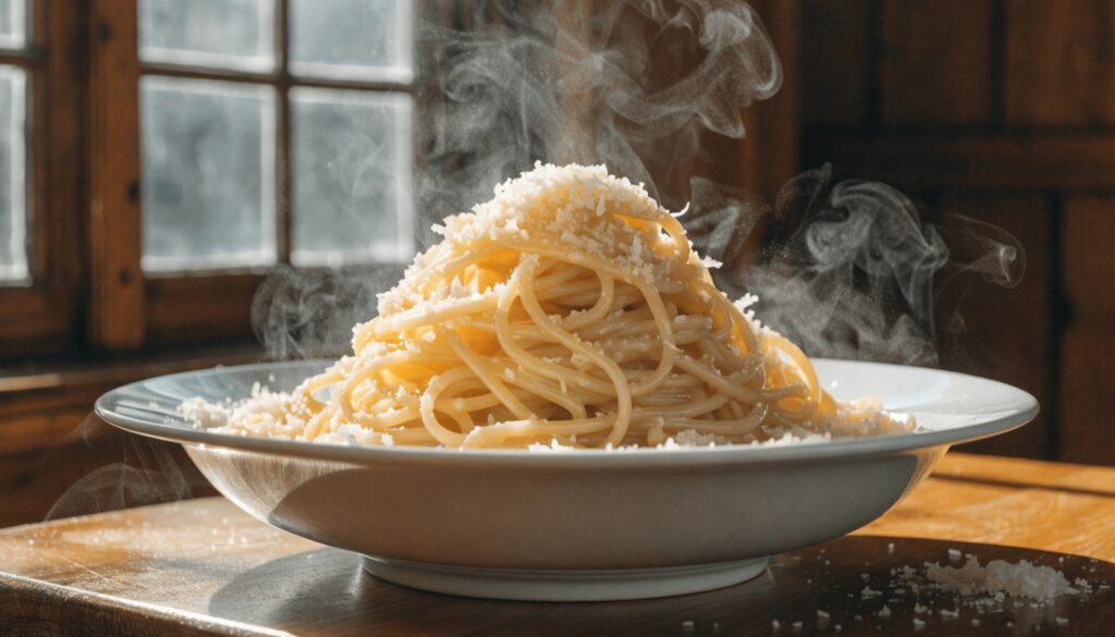 Pâtes au beurre et parmesan dans un bol blanc — souper 3 ingrédients classique