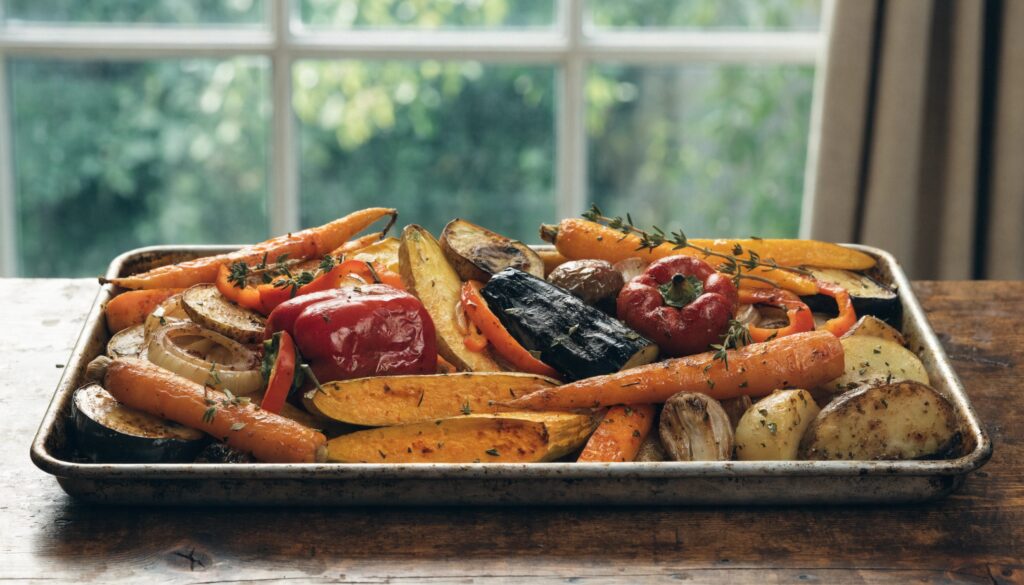 Légumes rôtis au four avec huile d'olive et épices sur une plaque de cuisson