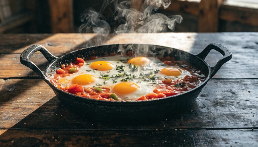 Oeufs à la tomate dans une poêle en fonte, version placard de la shakshuka