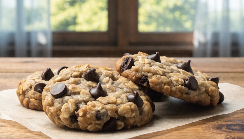 Cookies 3 ingrédients à l'avoine, banane et pépites de chocolat sur papier parchemin