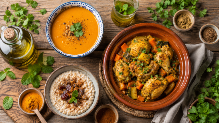 Plan de repas Al-Tayyibat complet : soupe de lentilles au curcuma, tajine de poulet, porridge dattes-cannelle et thé vert