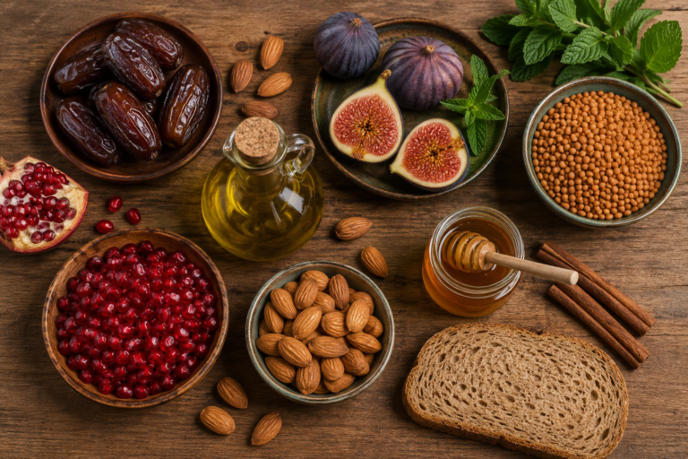 Aliments naturels du régime Al-Tayyibat : dattes, huile d'olive, grenade, amandes et lentilles sur une table en bois