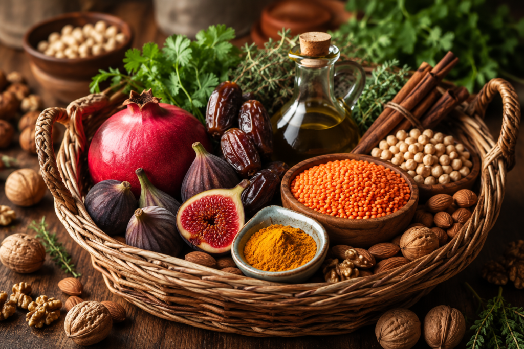Panier de courses régime Al-Tayyibat avec grenade, figues, dattes, huile d'olive, lentilles, curcuma et herbes fraîches