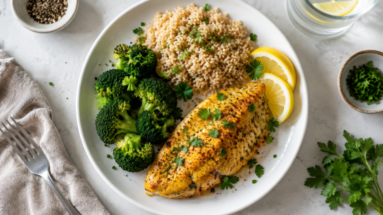 Repas équilibré pour une perte de poids naturelle et durable : poisson grillé au curcuma, brocoli et riz complet