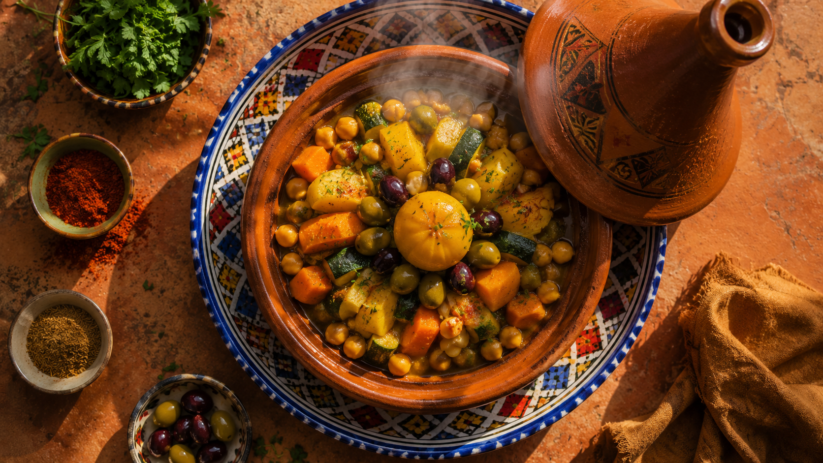 Cuisine marocaine saine : tajine de légumes aux pois chiches, citron confit et olives