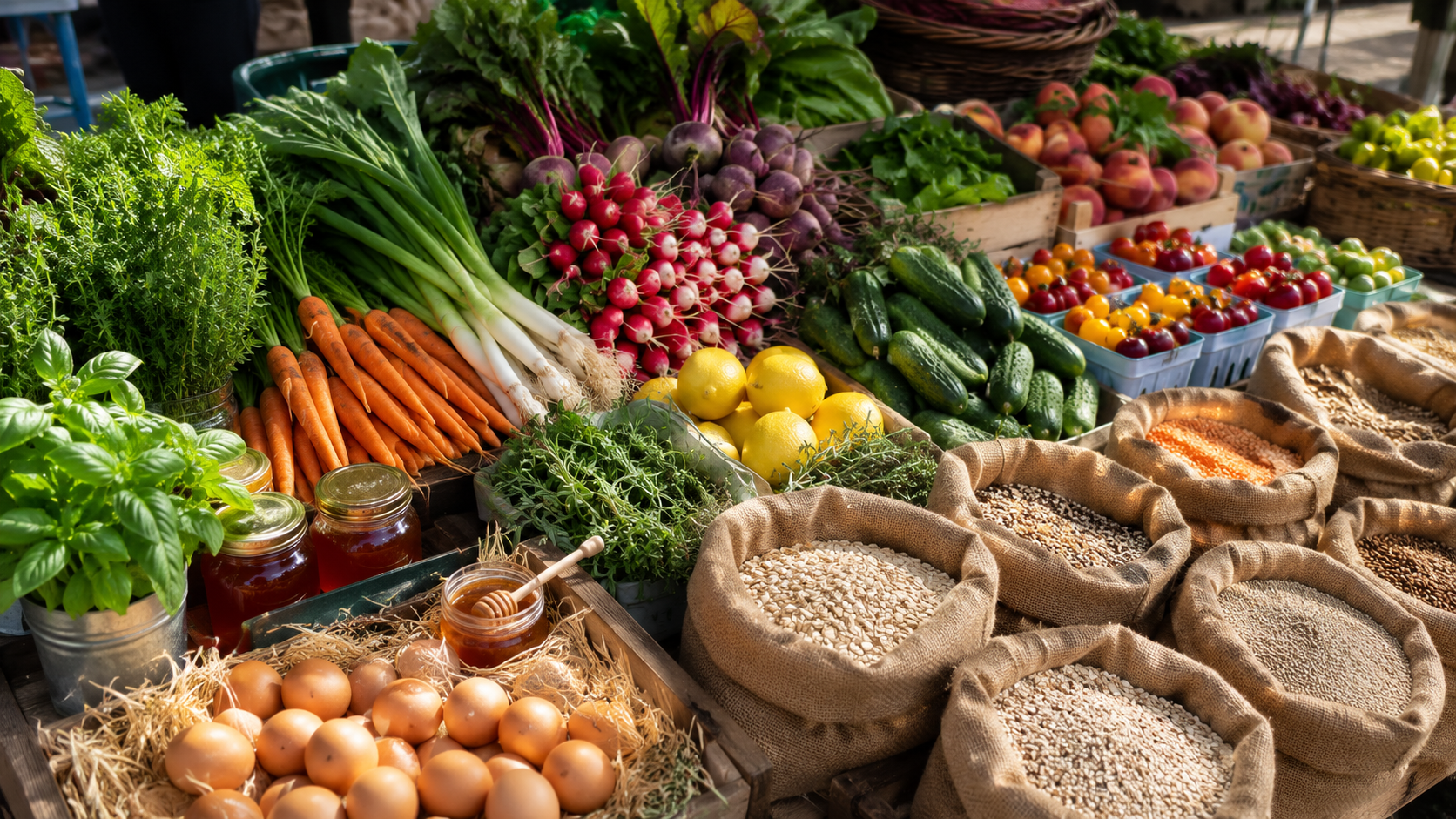 Marché de produits frais et naturels : légumes, céréales complètes et miel brut pour une alimentation non transformée