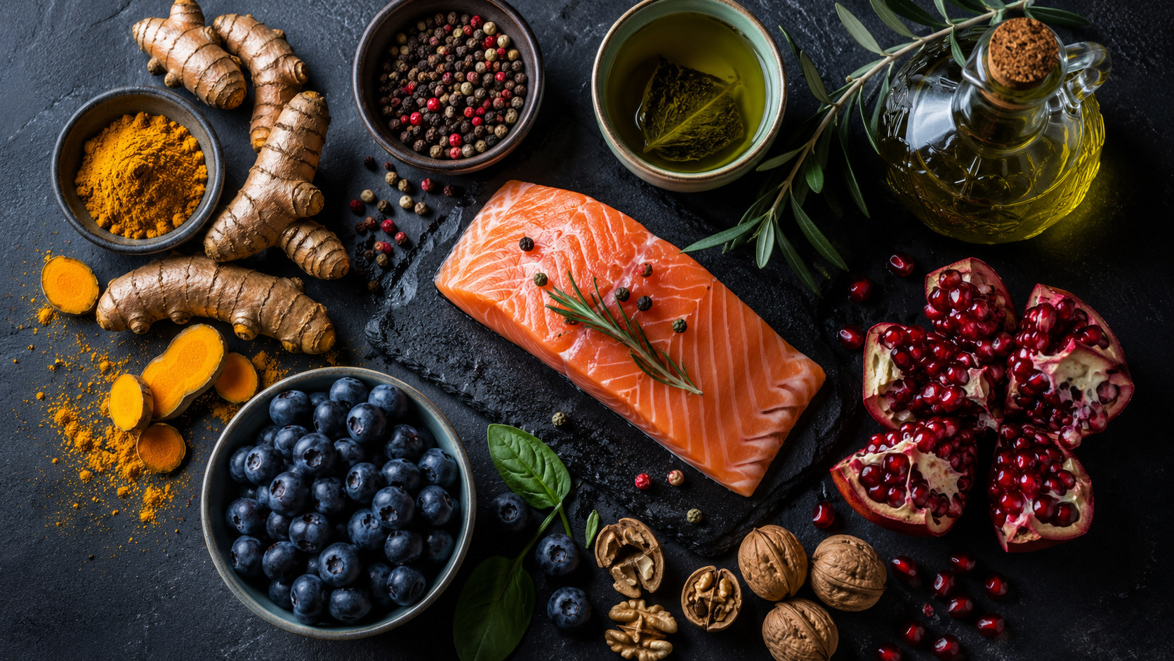 Guide des aliments anti-inflammatoires : curcuma, saumon, grenade, myrtilles et huile d'olive