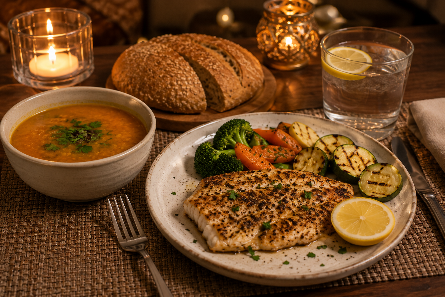 Menu Al-Tayyibat équilibré : soupe, poisson grillé aux légumes et pain complet pour un dîner léger