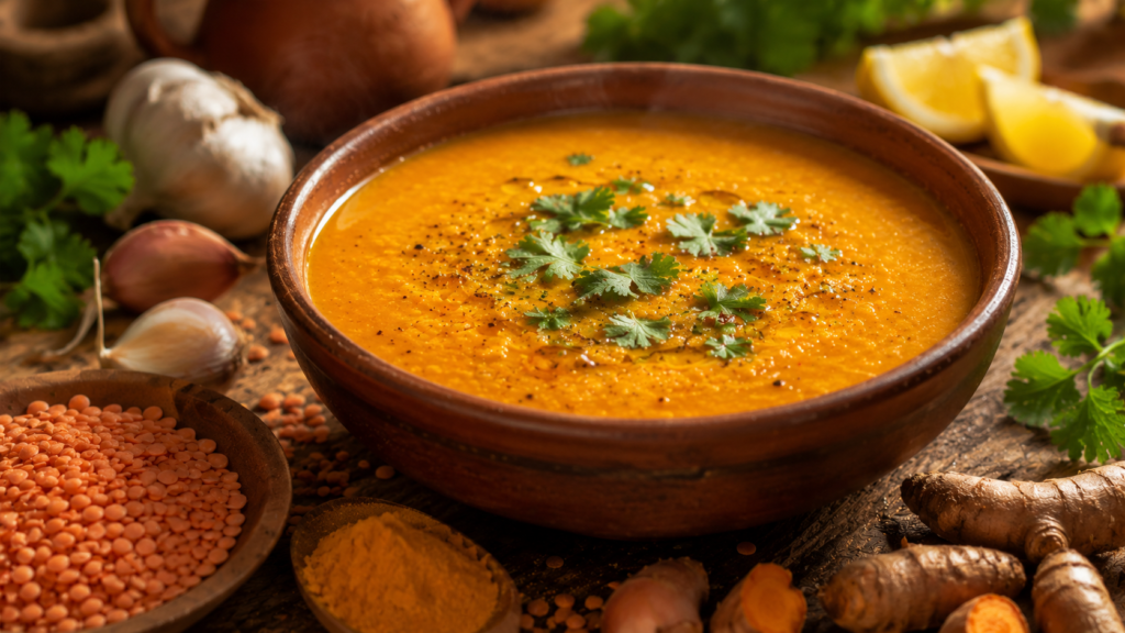 Soupe de lentilles corail au curcuma garnie de coriandre fraîche sur une table rustique.
