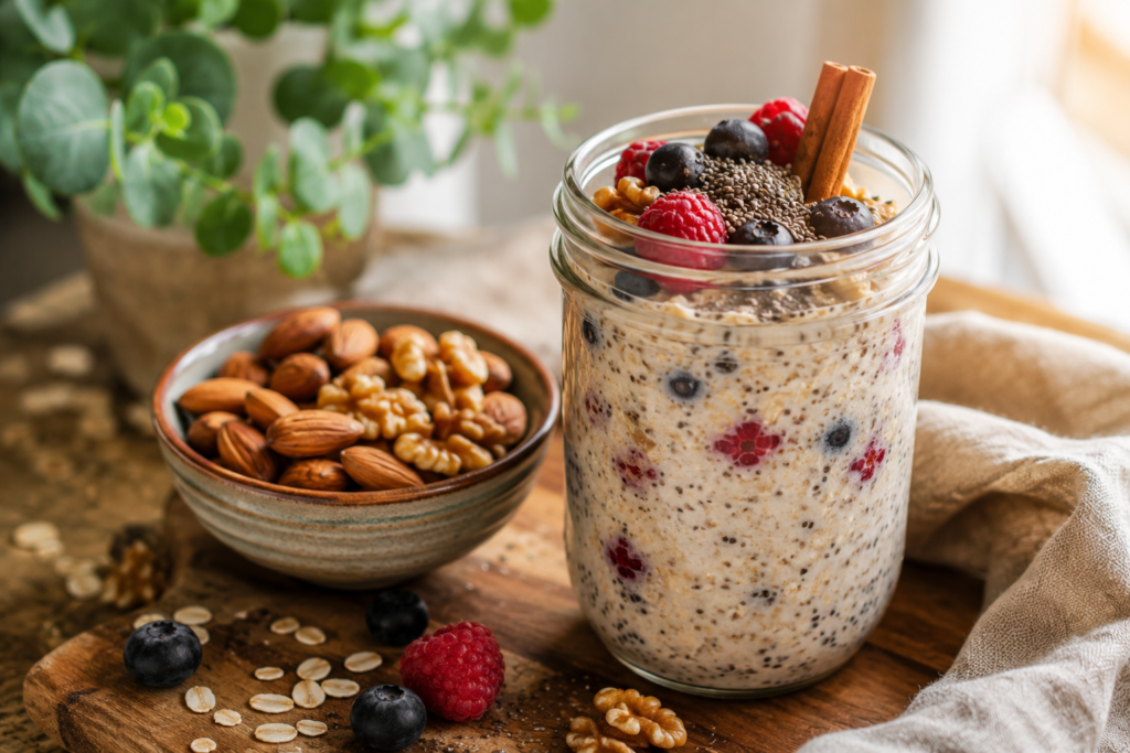 Petit-déjeuner sain pour maigrir durablement : overnight oats aux fruits rouges, graines de chia et cannelle