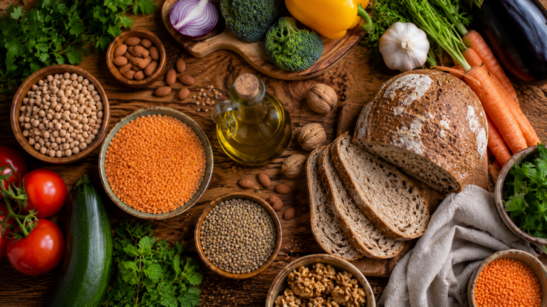 Alimentation naturelle pour maigrir : légumes frais, légumineuses et huile d'olive sur une table en bois