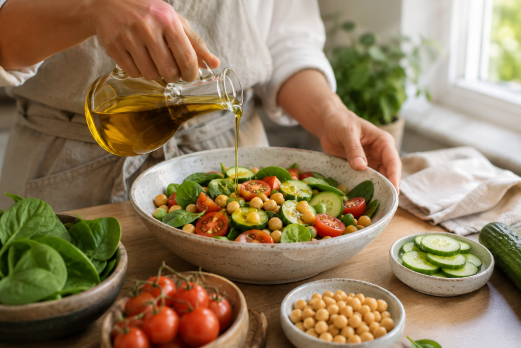 Alimentation naturelle pour maigrir : légumes frais, légumineuses et huile d'olive sur une table en bois