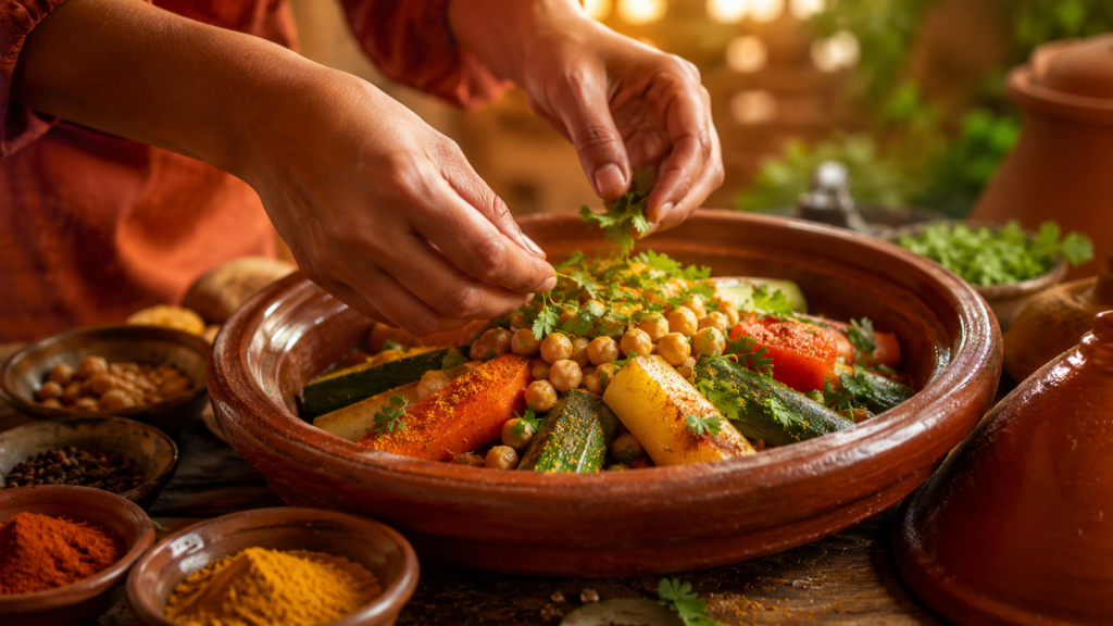 Préparation d'un tajine traditionnel Al-Tayyibat avec légumes frais, pois chiches et épices naturelles